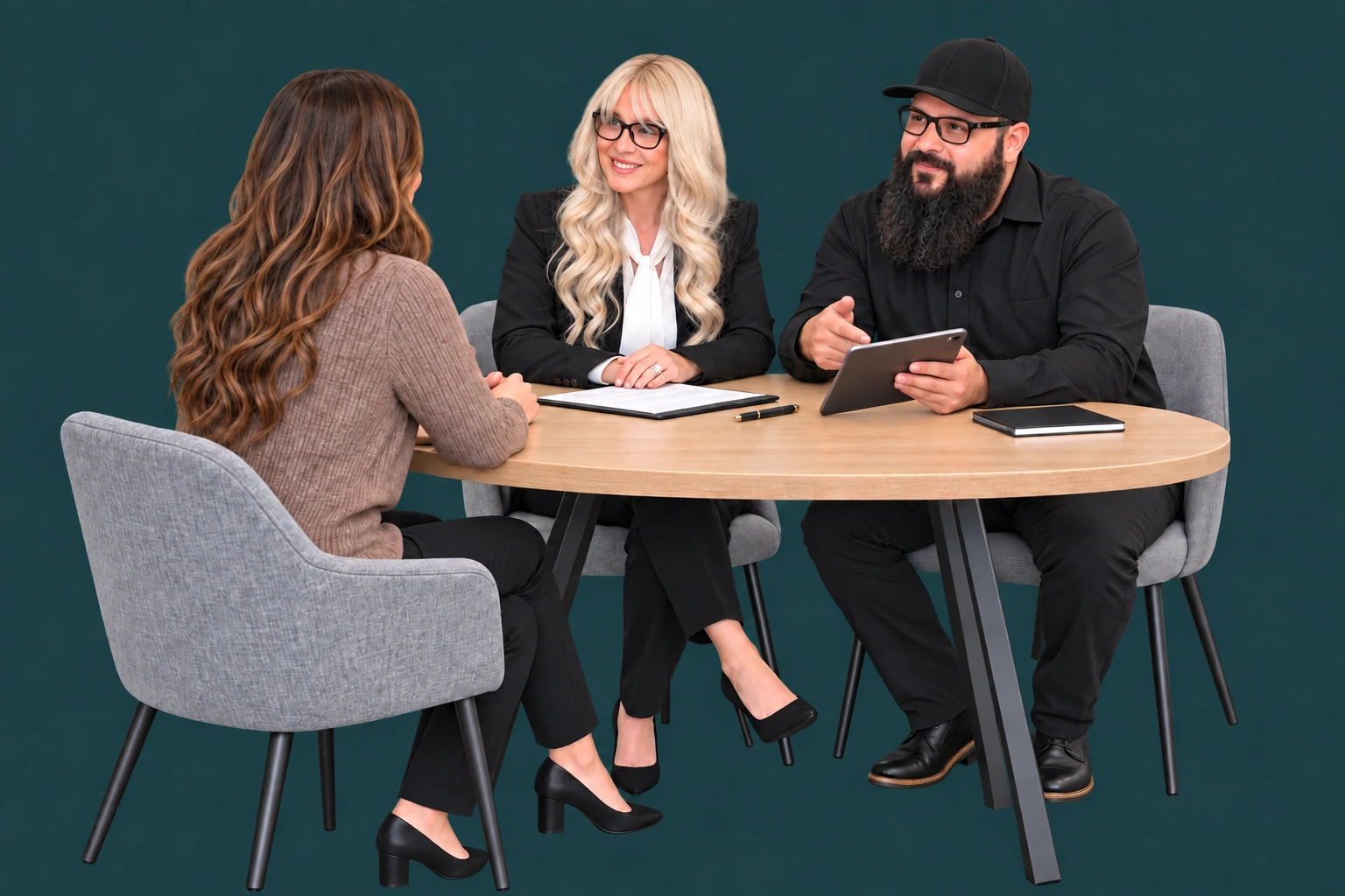 Melissa and Cisco Echevarria helping a customer review insurance options