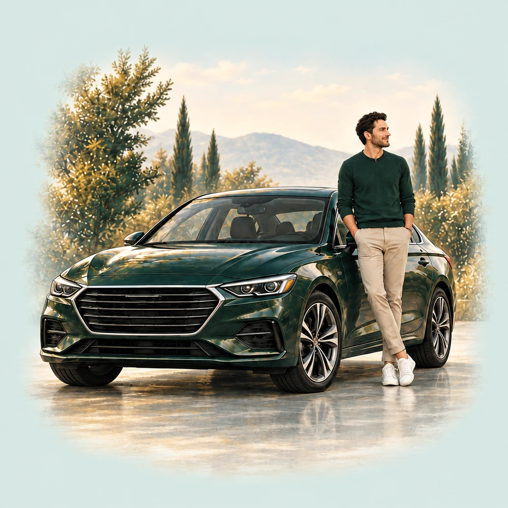 Illustration of a driver standing beside a dark green sedan