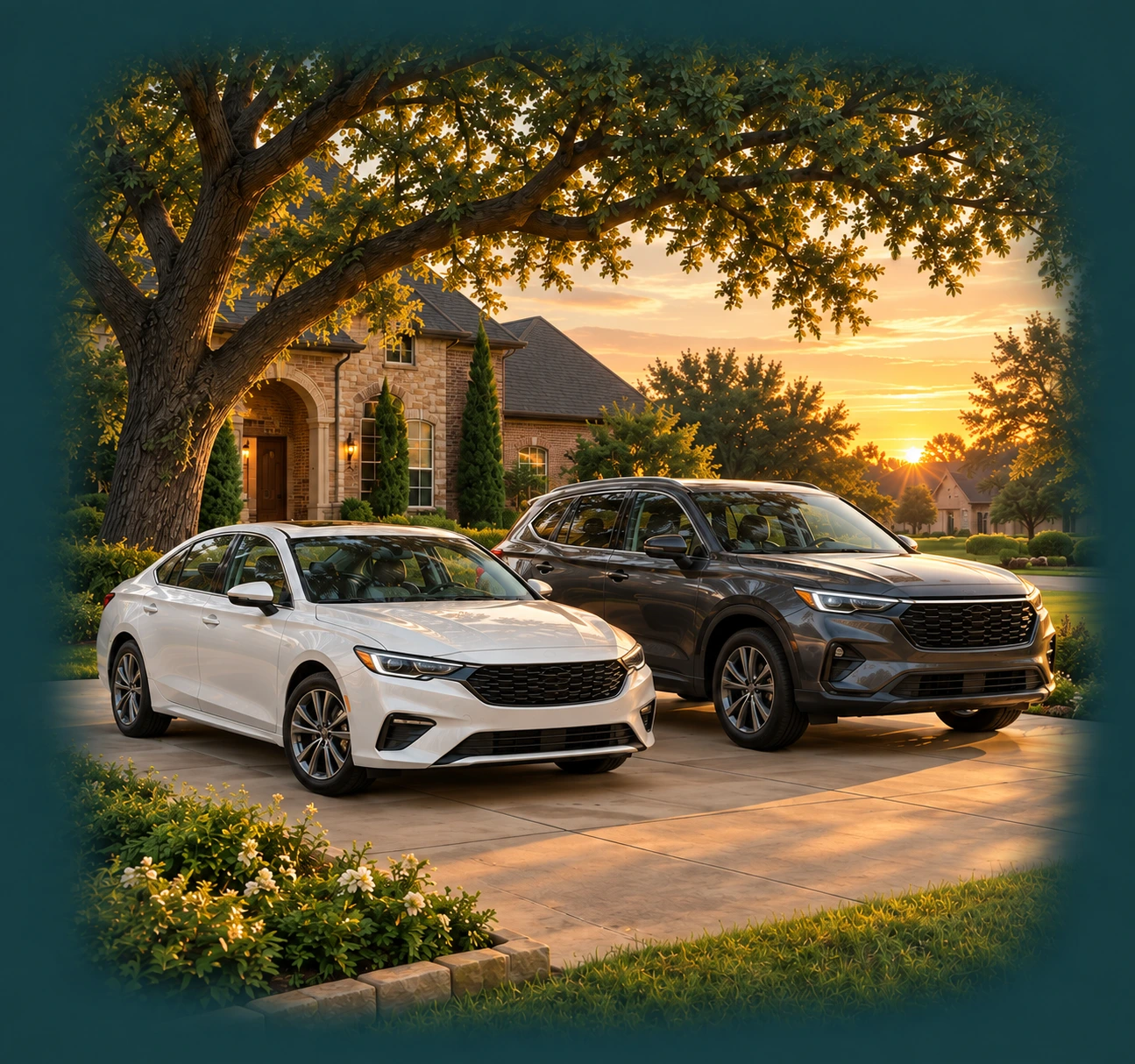 Illustration of a sedan and SUV parked beneath a live oak in a Texas neighborhood