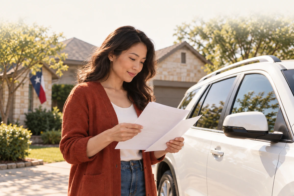 Driver reviewing insurance documents beside a parked white SUV