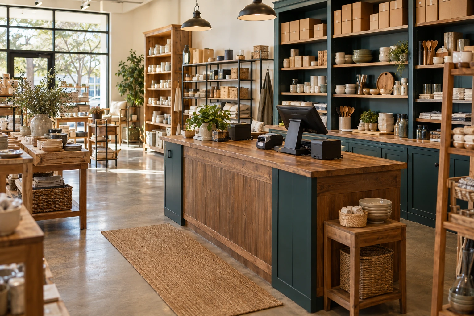 Organized retail inventory, shelving, storage cabinets, display fixtures, and point-of-sale equipment inside a small specialty business