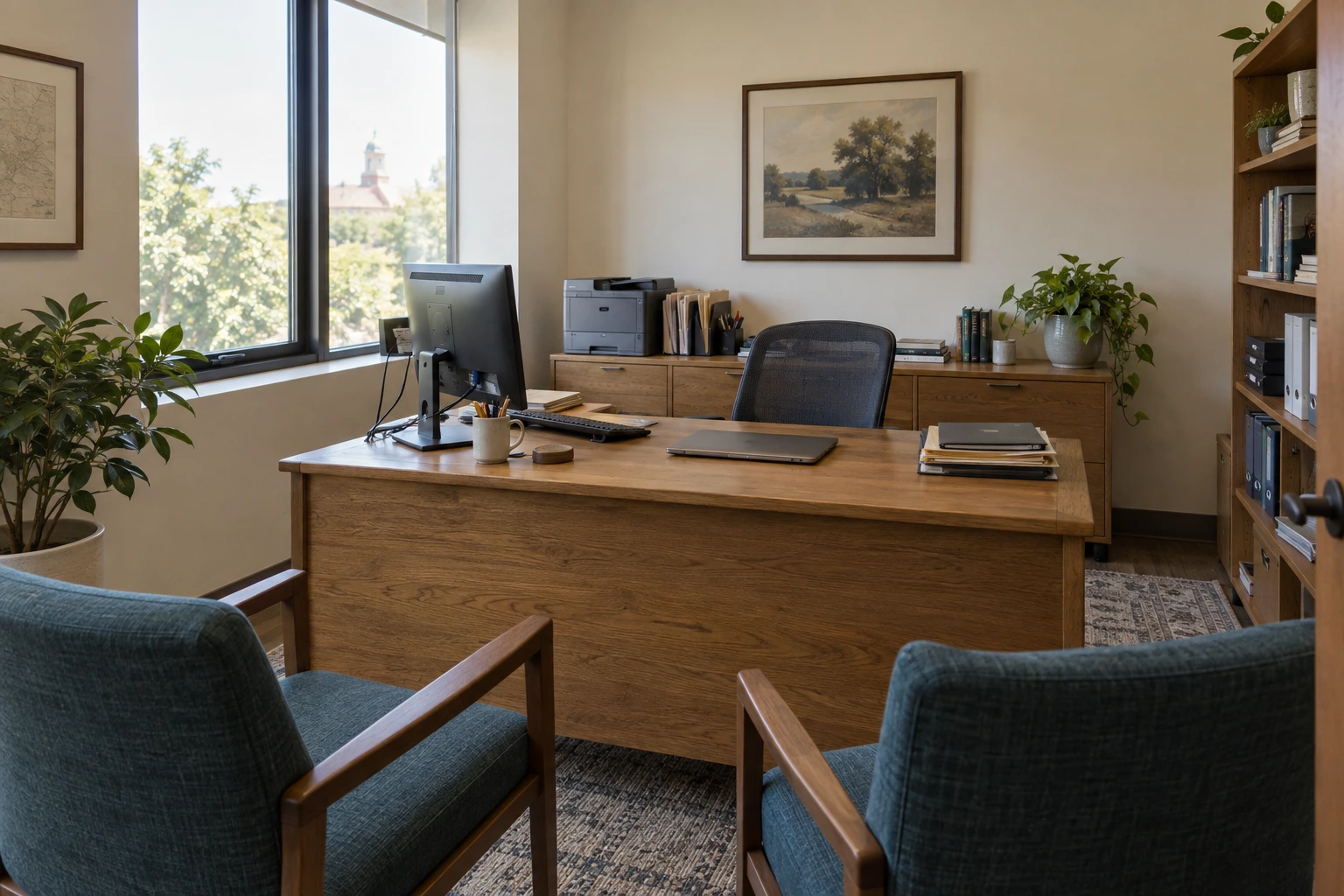 Small professional office with a wood desk, computer, storage cabinets, and visitor chairs in natural daylight