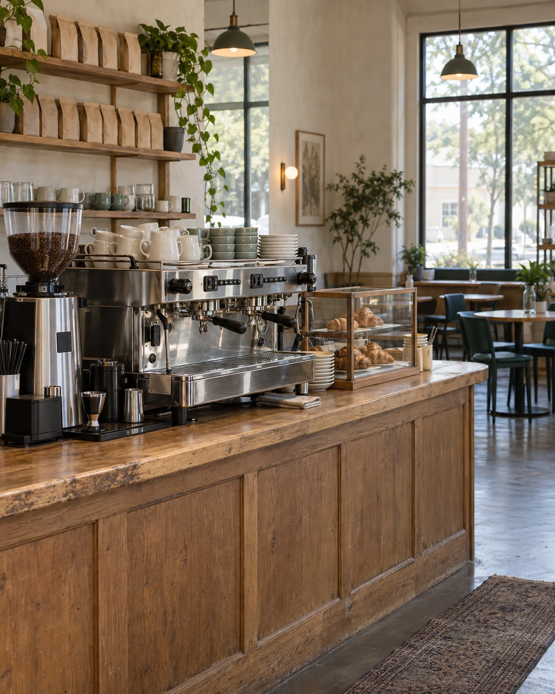 Neighborhood coffee shop with an espresso machine, pastry display, stocked shelves, and café seating in natural daylight