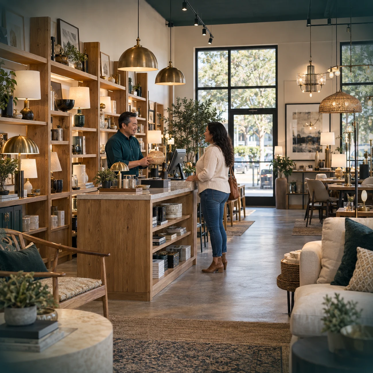 Small design studio with customer interaction, display inventory, equipment, and business furnishings