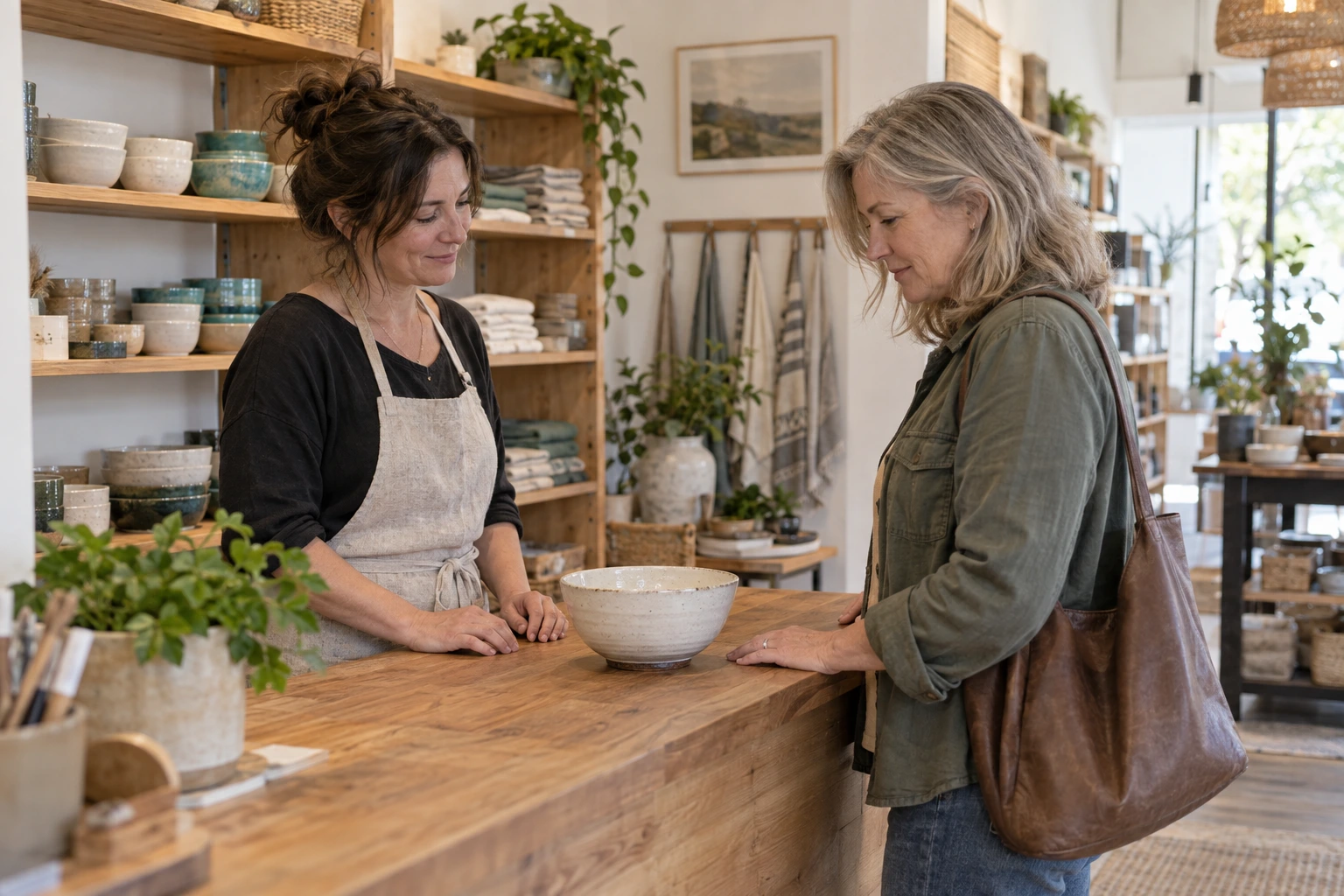 Shopkeeper helping a customer consider a ceramic bowl at a small retail shop counter