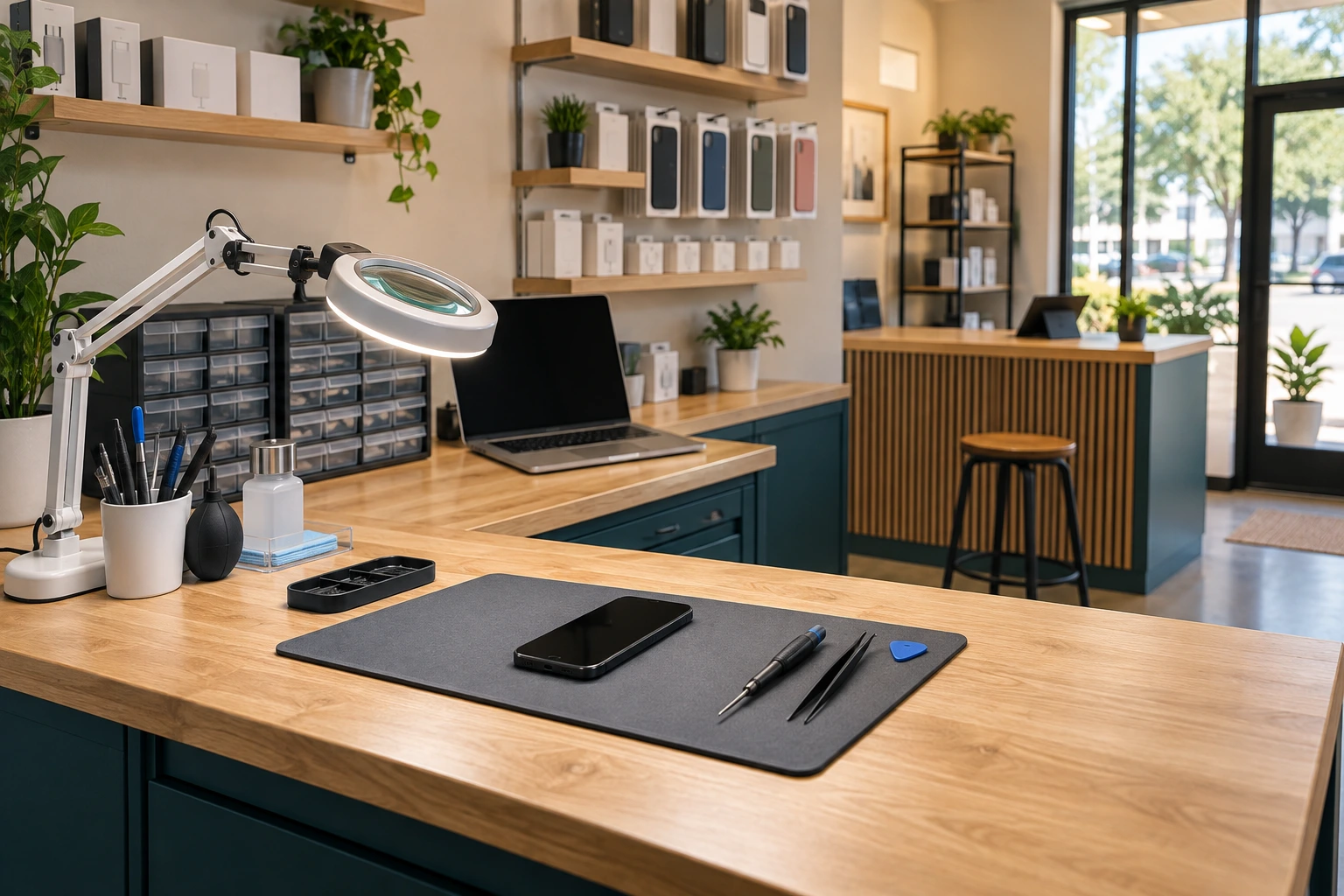 Organized mobile phone repair shop with a smartphone, precision tools, magnifying lamp, computer, and accessory inventory