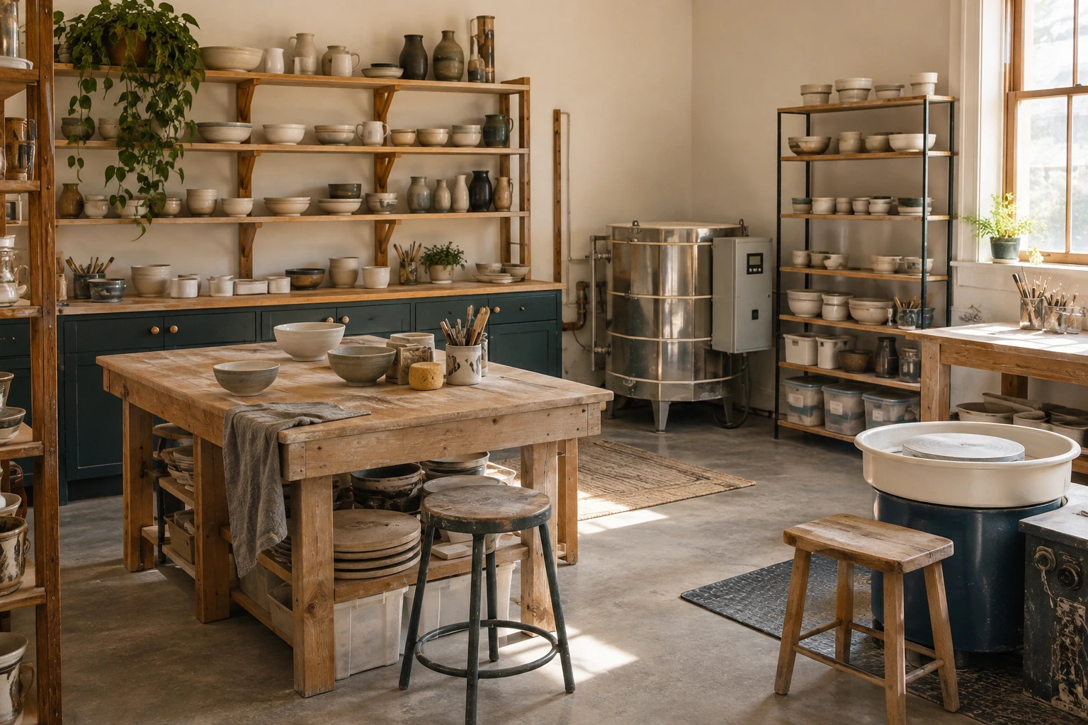 Ceramics studio with worktables, stocked shelves, storage cabinets, a kiln, and a pottery wheel