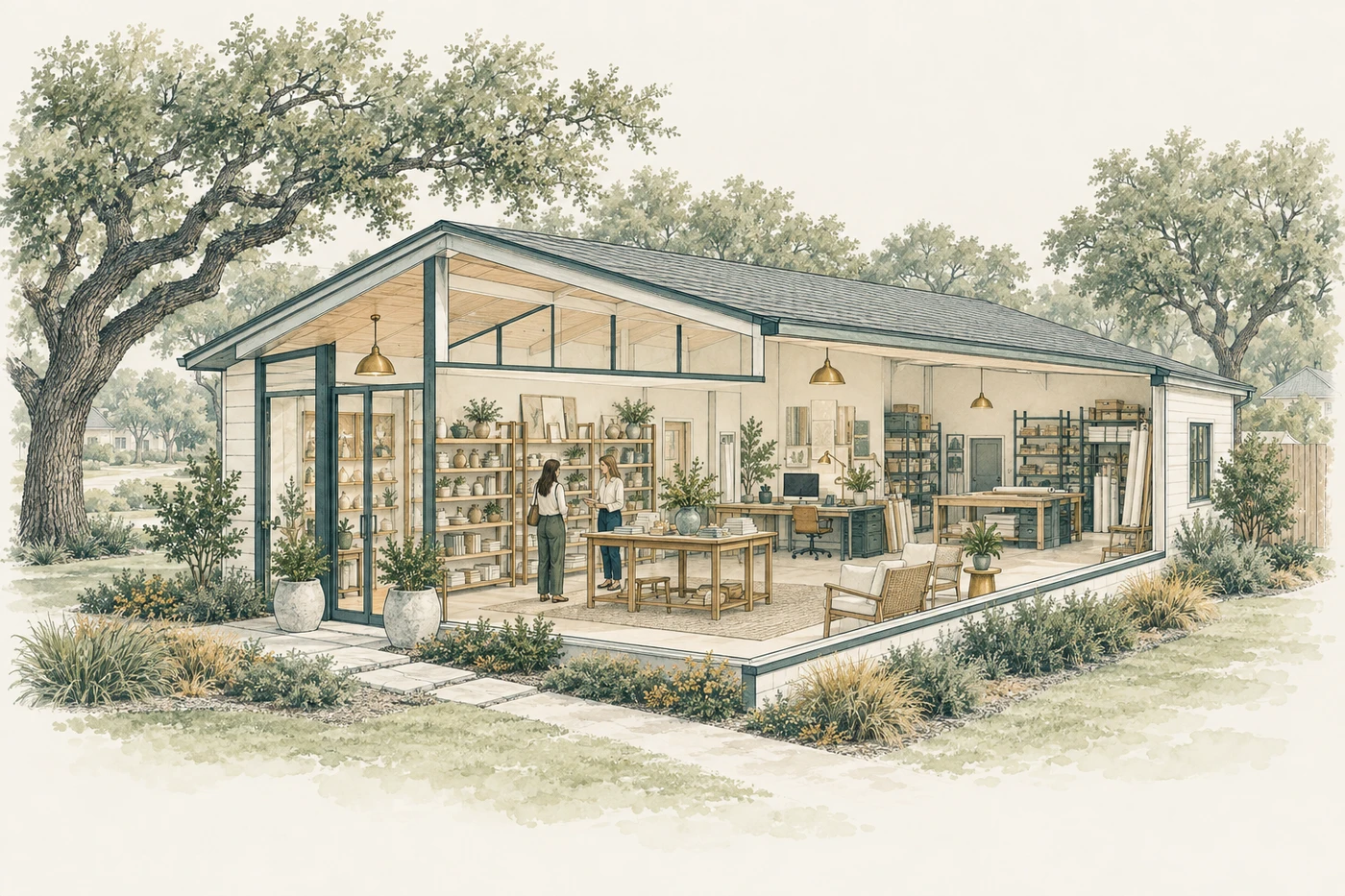 Illustrated Texas small-business premises with customer areas, inventory, and equipment