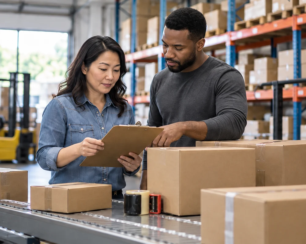 Business owner and employee reviewing orders in a growing warehouse operation