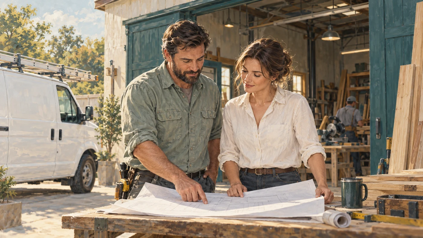 Illustration of business partners reviewing plans outside a workshop beside a commercial van