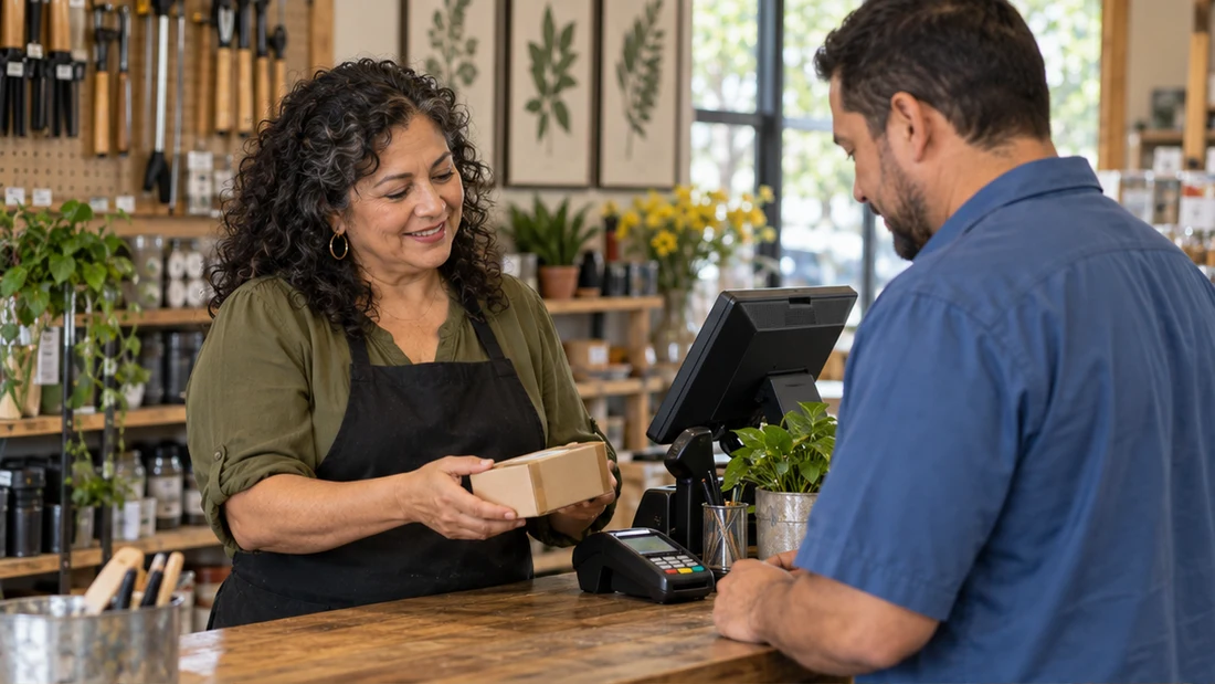 A shop owner helping a customer at the counter