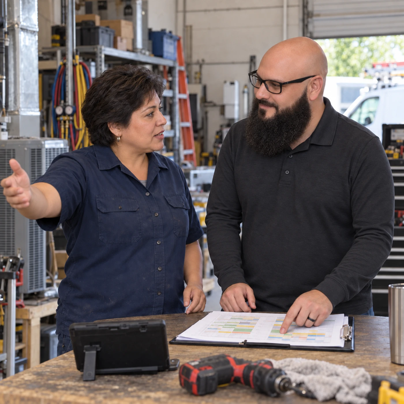 Francisco Echevarria discussing business operations with a contractor business owner in a workshop