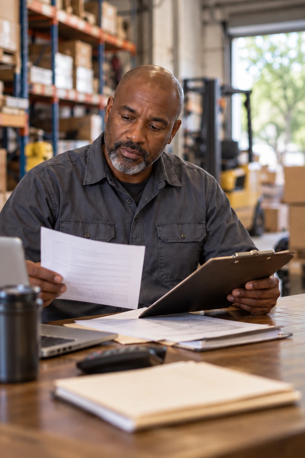 Business owner reviewing documents and operations in his warehouse