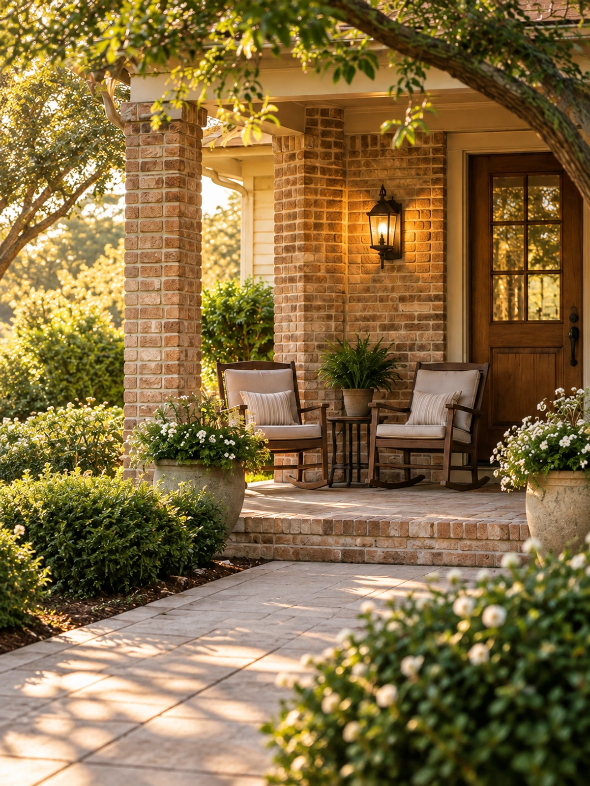 Two welcoming chairs on a sunlit brick front porch