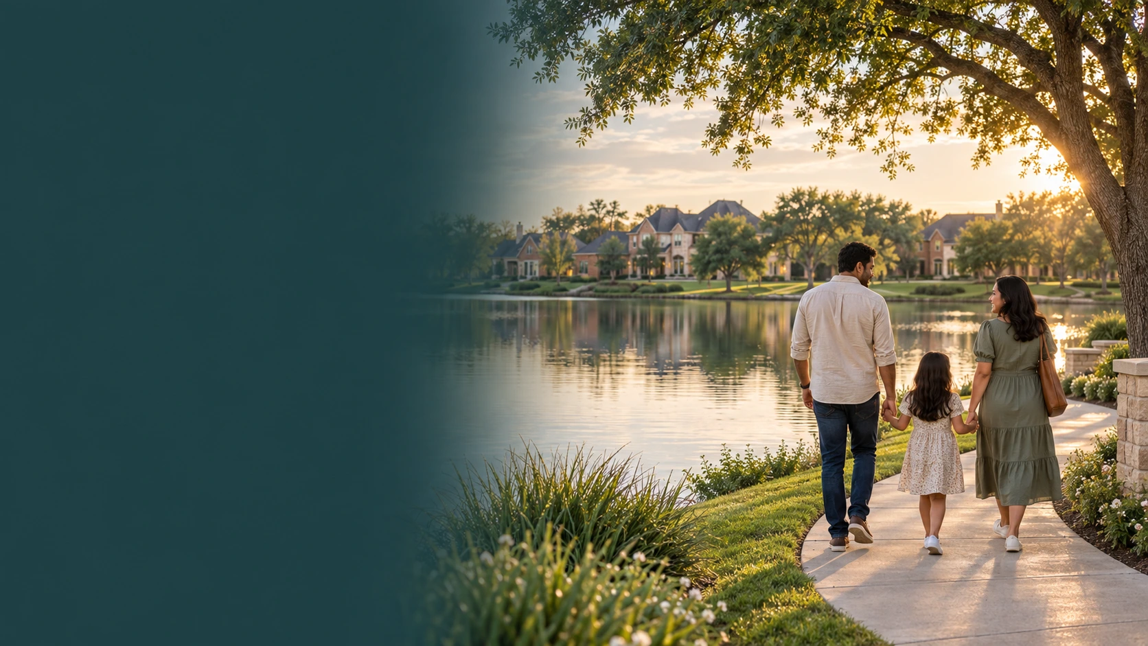 Illustration of a family walking beside a lake in a Texas neighborhood at sunset