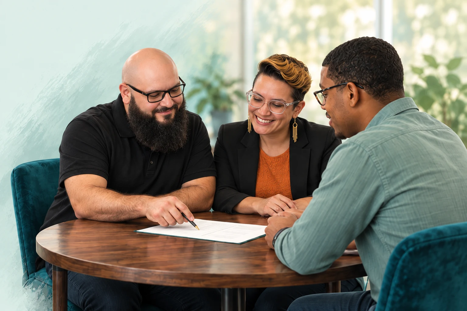 Illustration of Cisco and two Echevarria Agency team members reviewing a document together