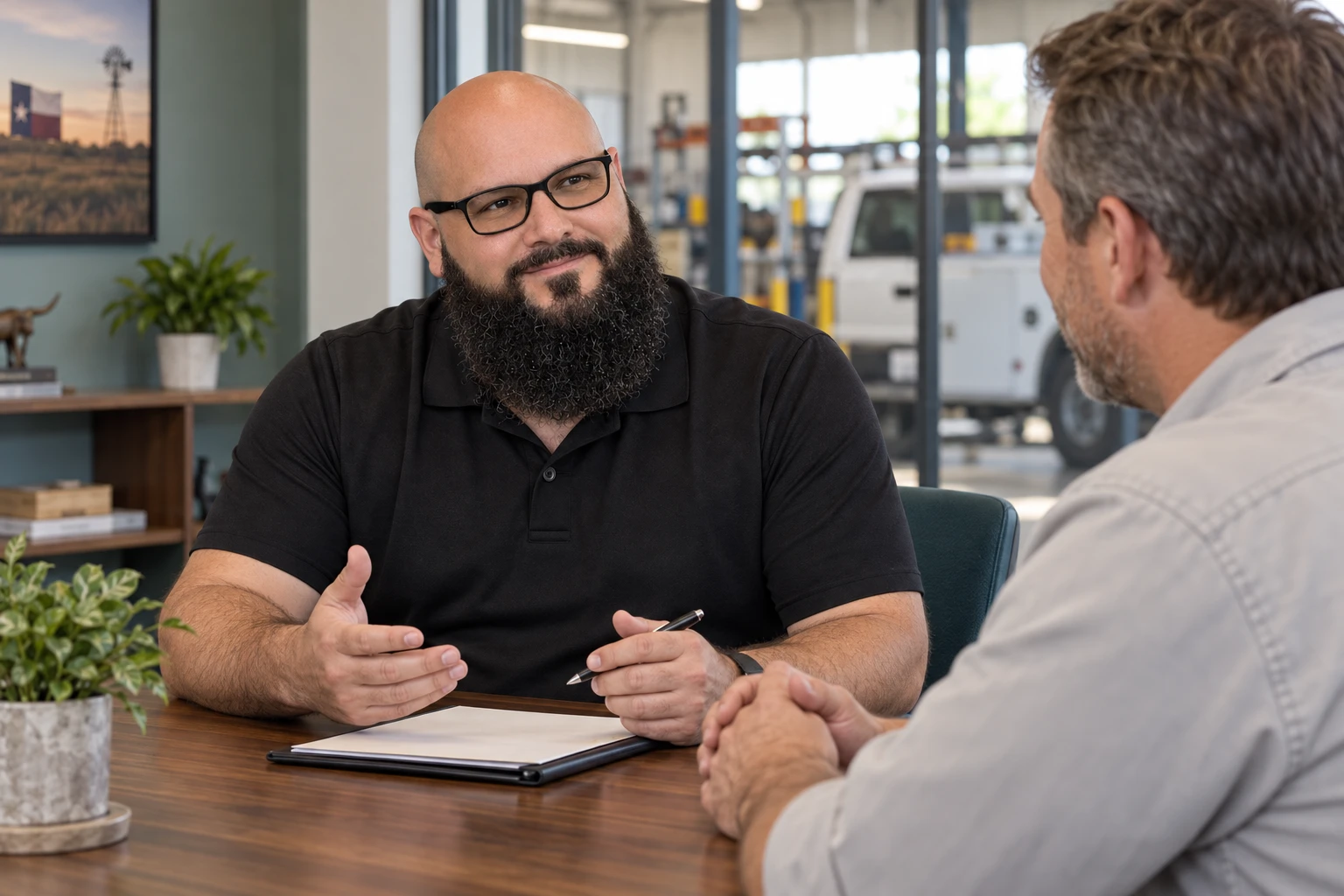 Illustration of Cisco Echevarria in a black polo discussing coverage with a business owner