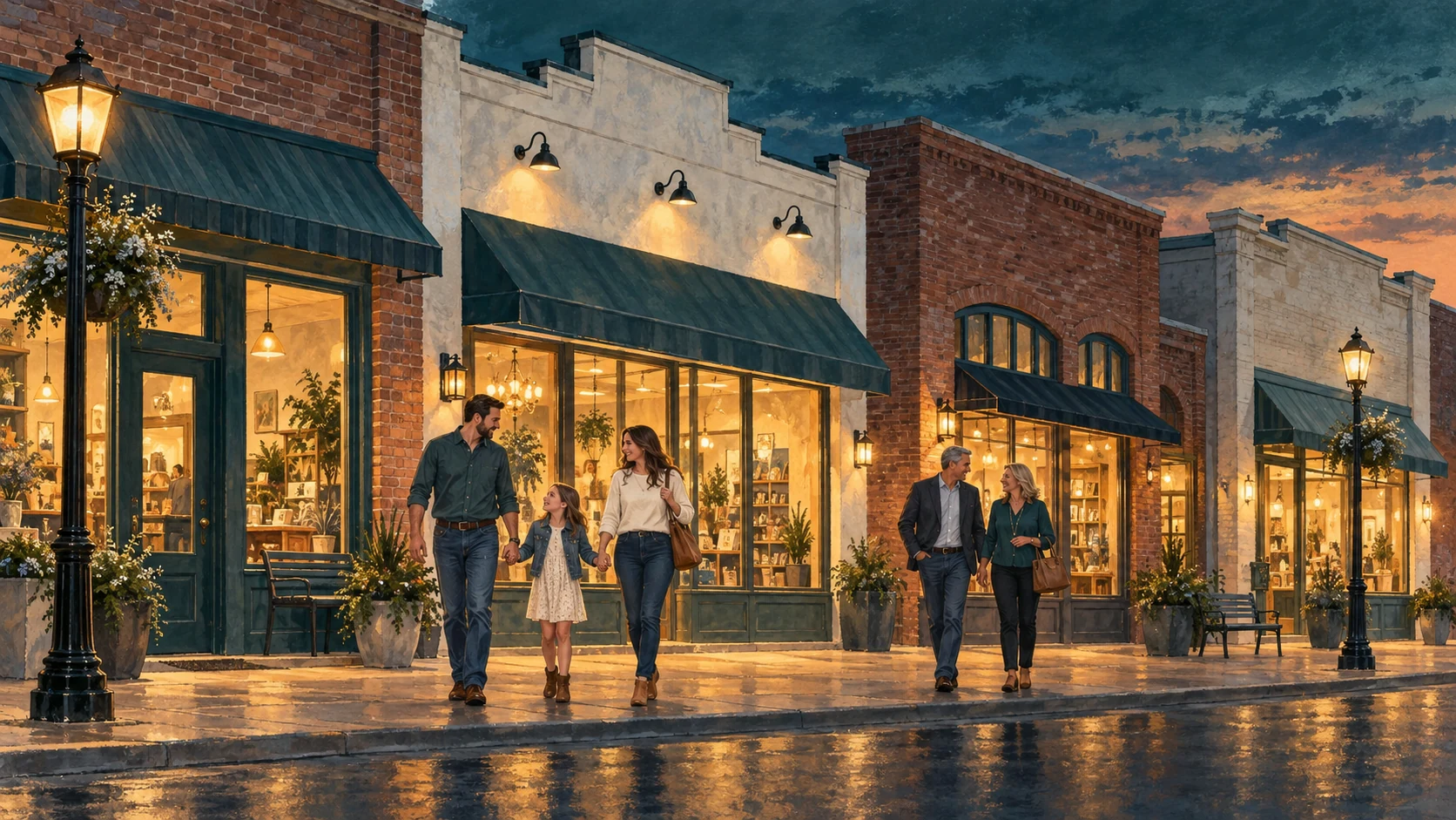 Illustration of families strolling past warmly lit Katy-inspired storefronts at dusk