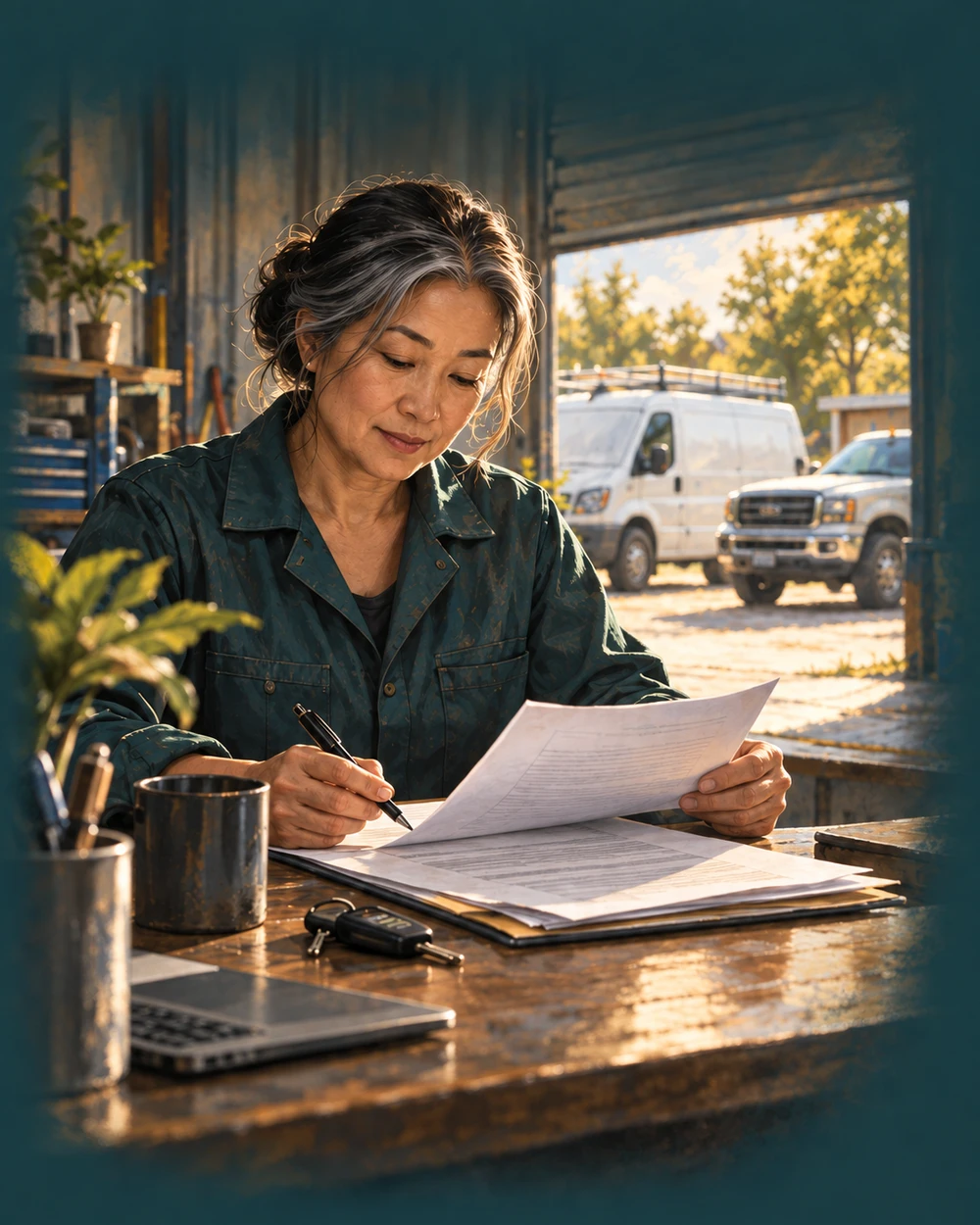 Business owner reviewing policy documents at her workshop desk with work vehicles outside