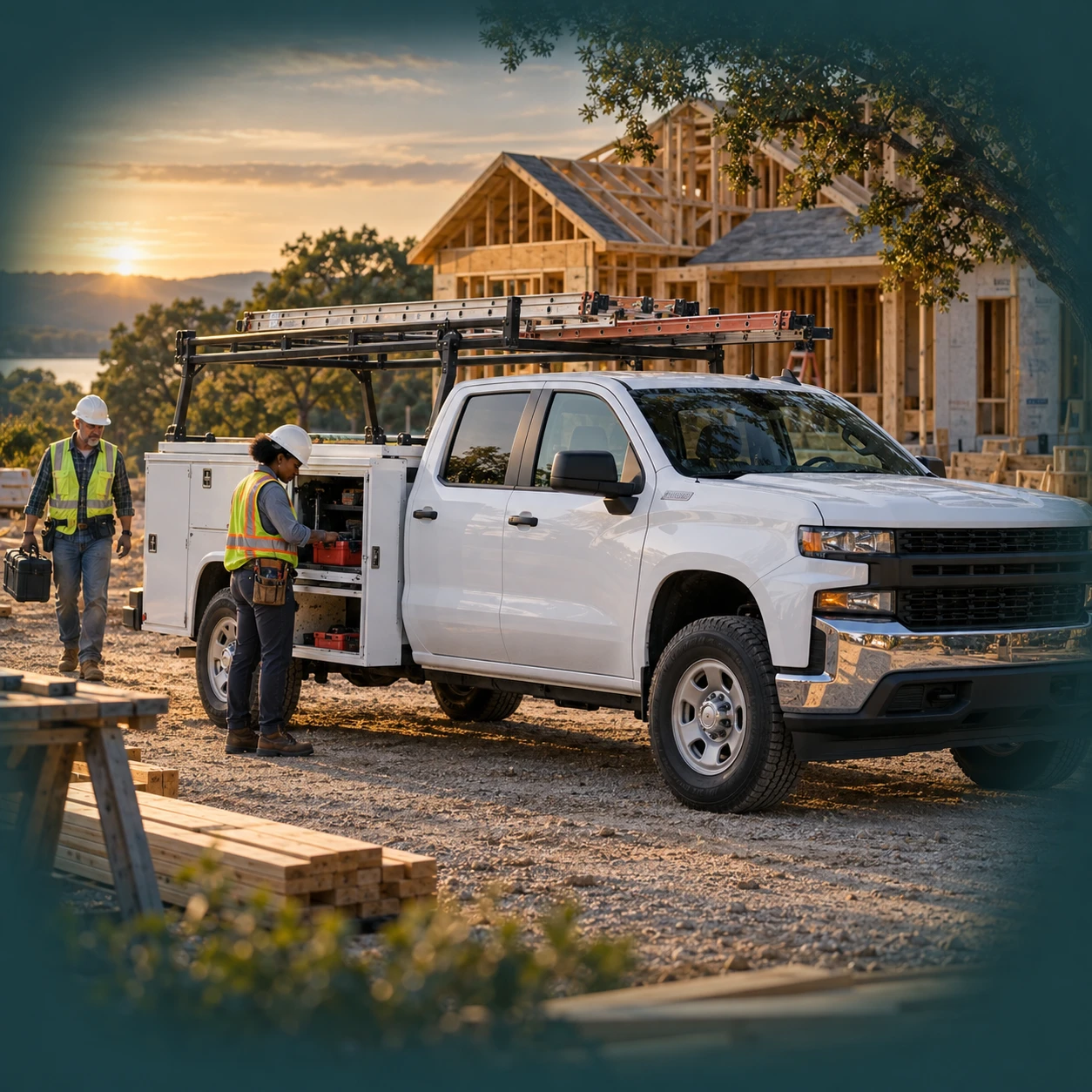 Contractors working beside a white utility truck at a residential construction site