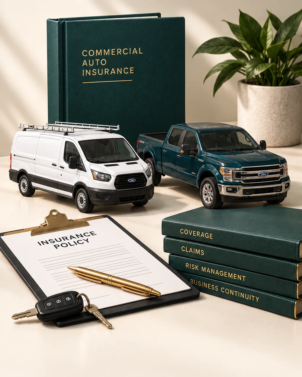 Commercial Auto Insurance book, miniature work van and pickup, policy documents, and vehicle keys