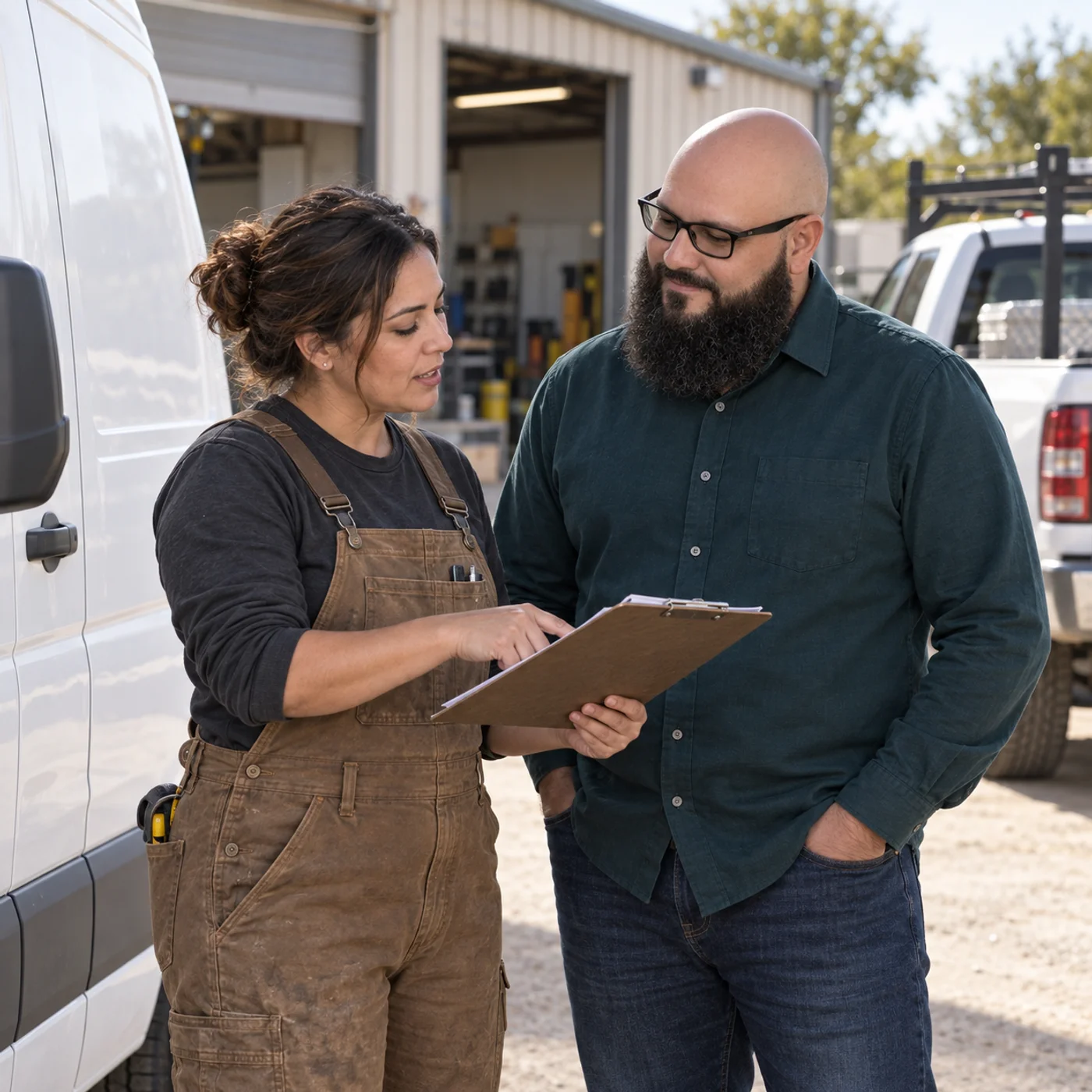 Francisco Echevarria discussing vehicle operations with a business owner beside a service van and work truck