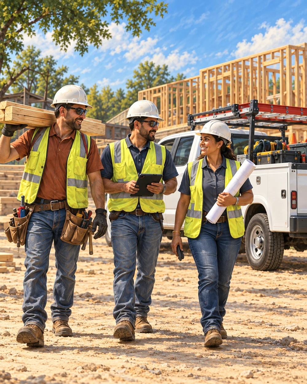 Three contractors at a construction site with a white work truck