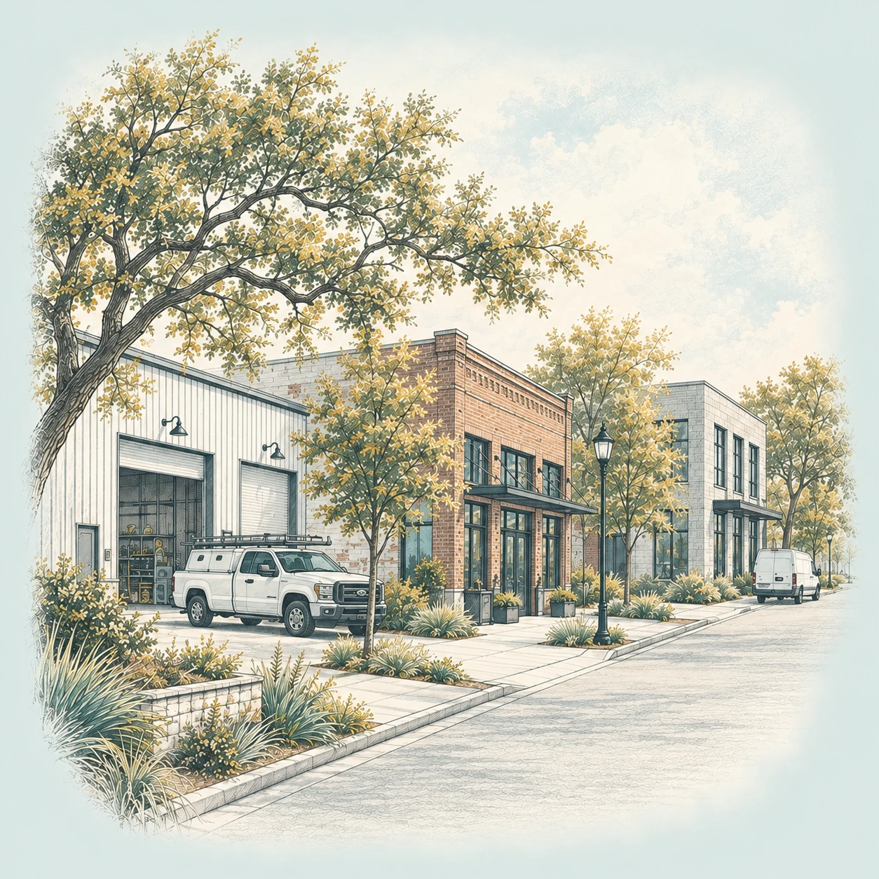Illustrated Texas business streetscape with a workshop, storefront, office, work truck, and service van