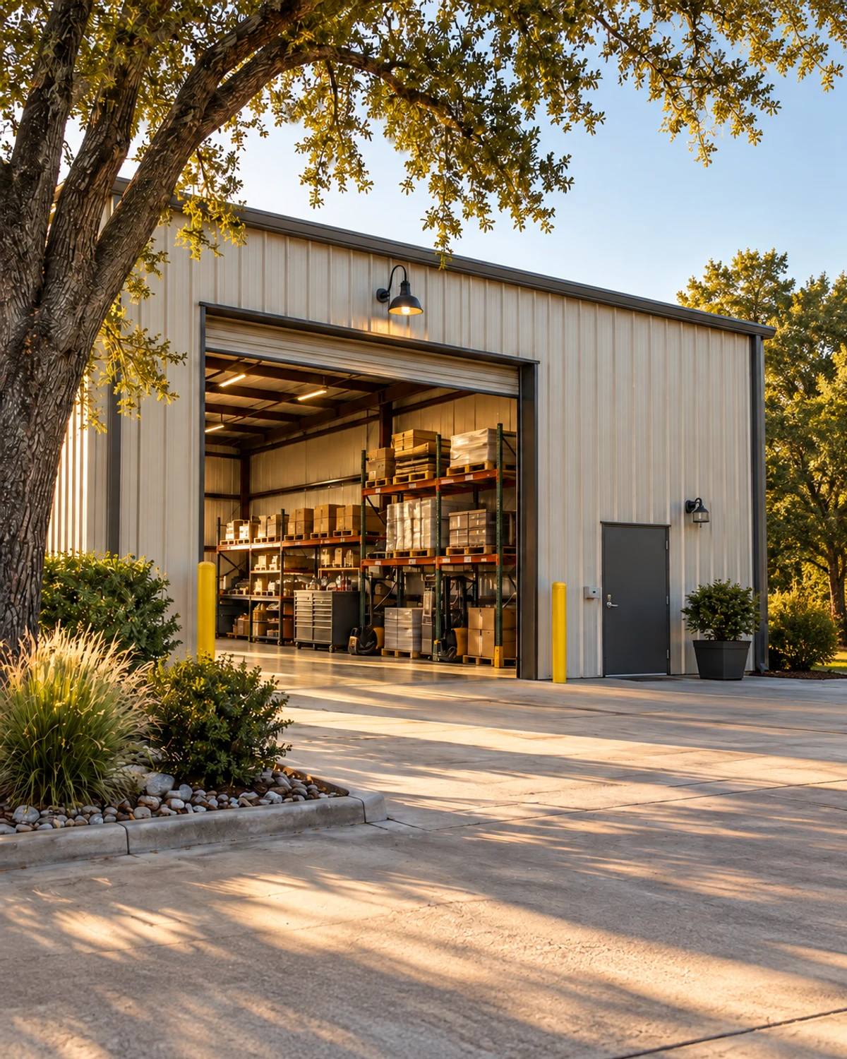 Commercial warehouse with organized inventory and equipment beneath an oak tree in warm evening light