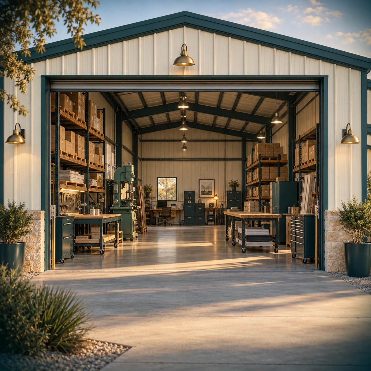 Commercial workshop building with organized equipment, inventory, shelving, and office contents