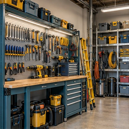 Commercial shop with equipment, shelving, machinery, and stored contents