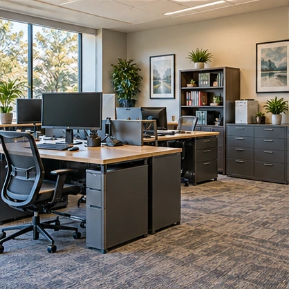 Office furniture, computers, and storage cabinets