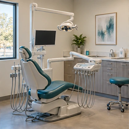 Empty dental treatment room with equipment and technology