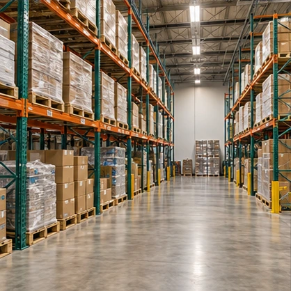 Organized warehouse inventory and pallet shelving