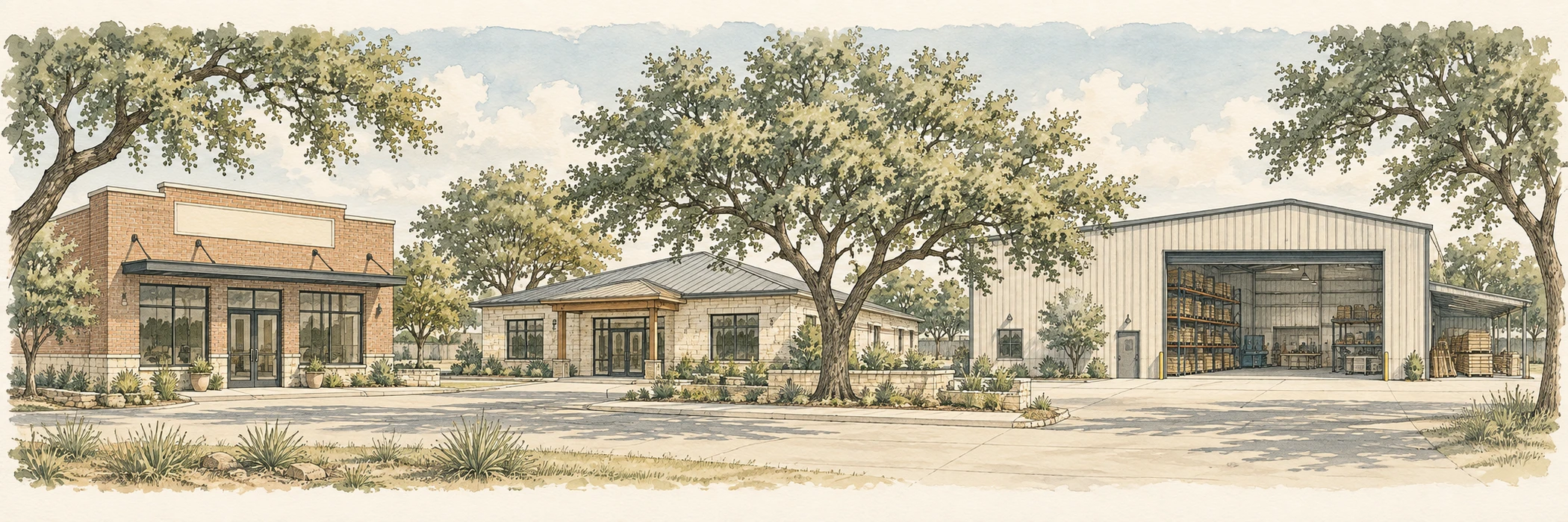 Illustrated Texas commercial buildings, warehouse, workshop, and storefront beneath oak trees on flat terrain
