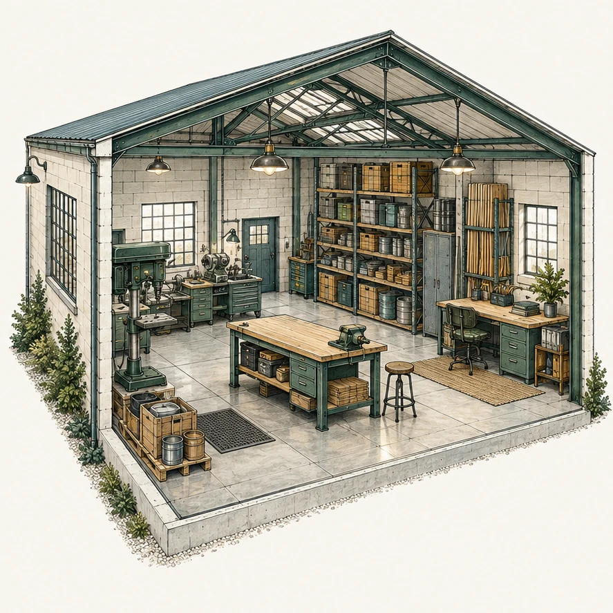 Illustrated contractor workshop with fixed equipment and business contents, without people