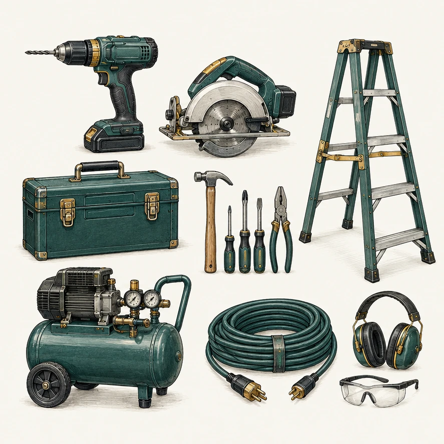 Illustrated portable tools, ladder, compressor, and equipment