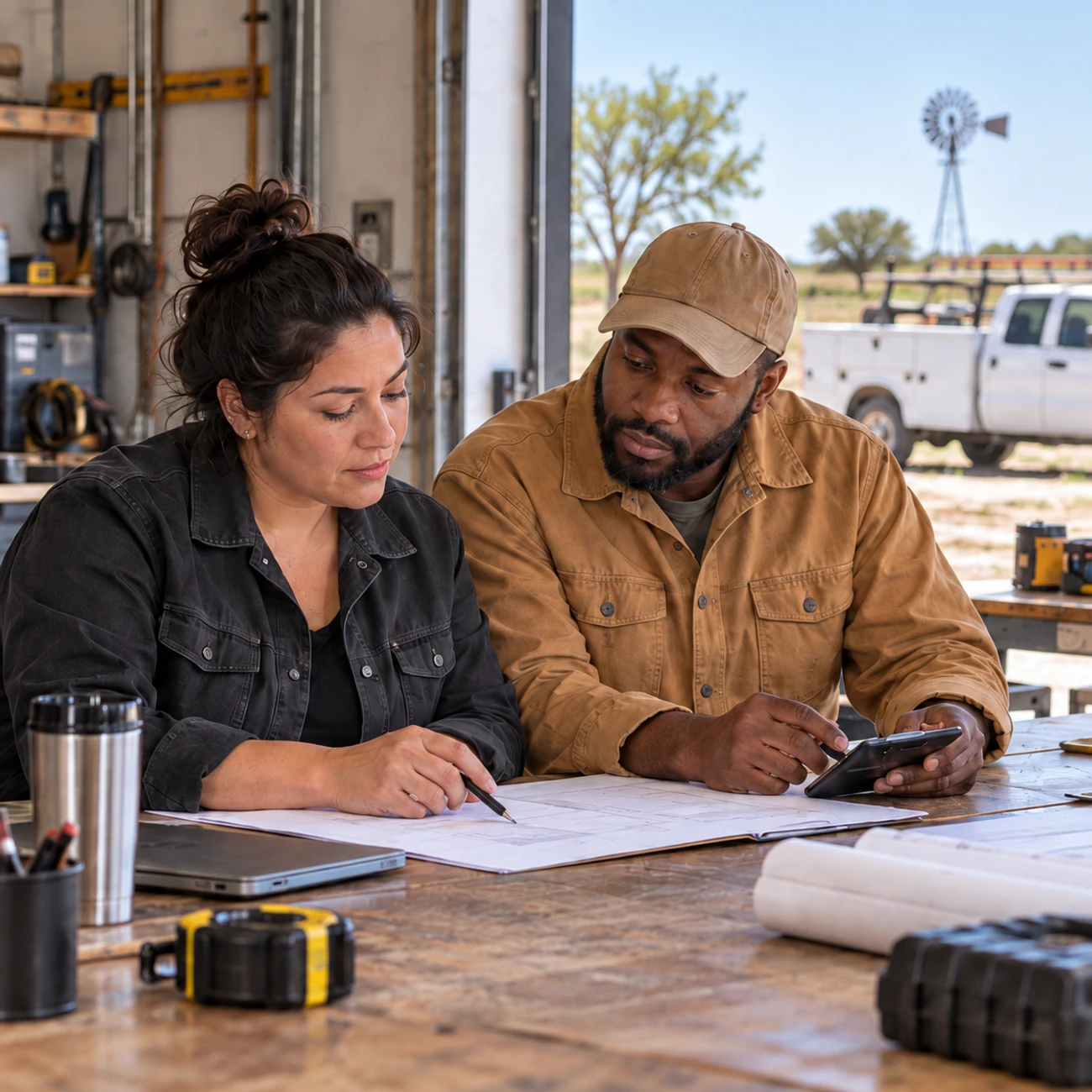Contractor business owner and foreman reviewing plans and a calculator at a workshop desk