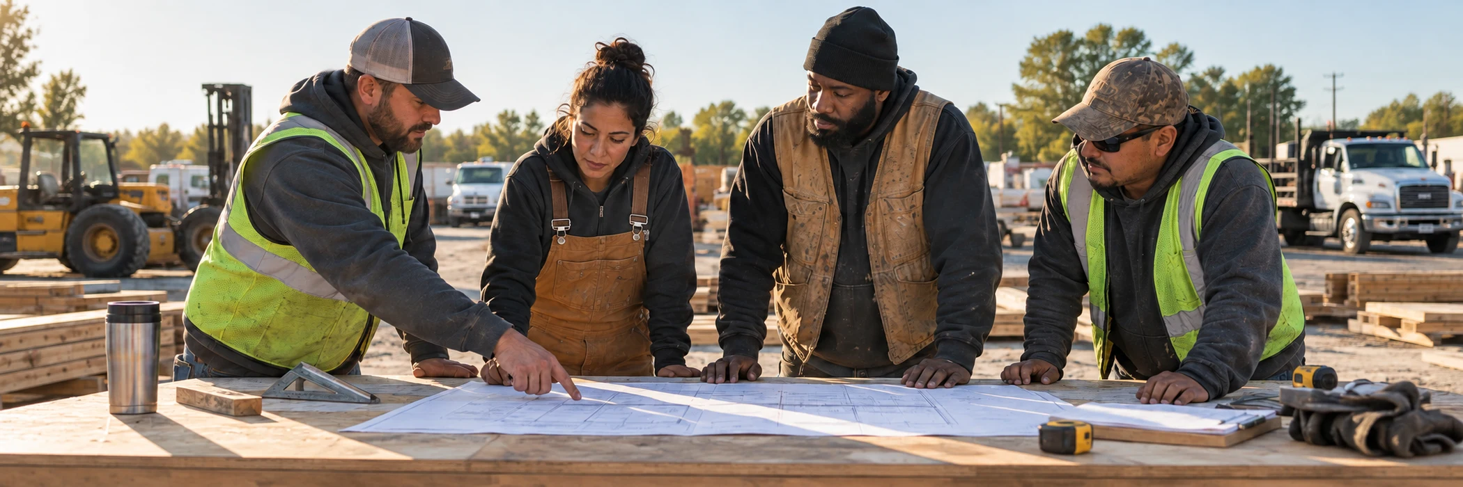 Four contractor crew members reviewing project plans together in their work yard