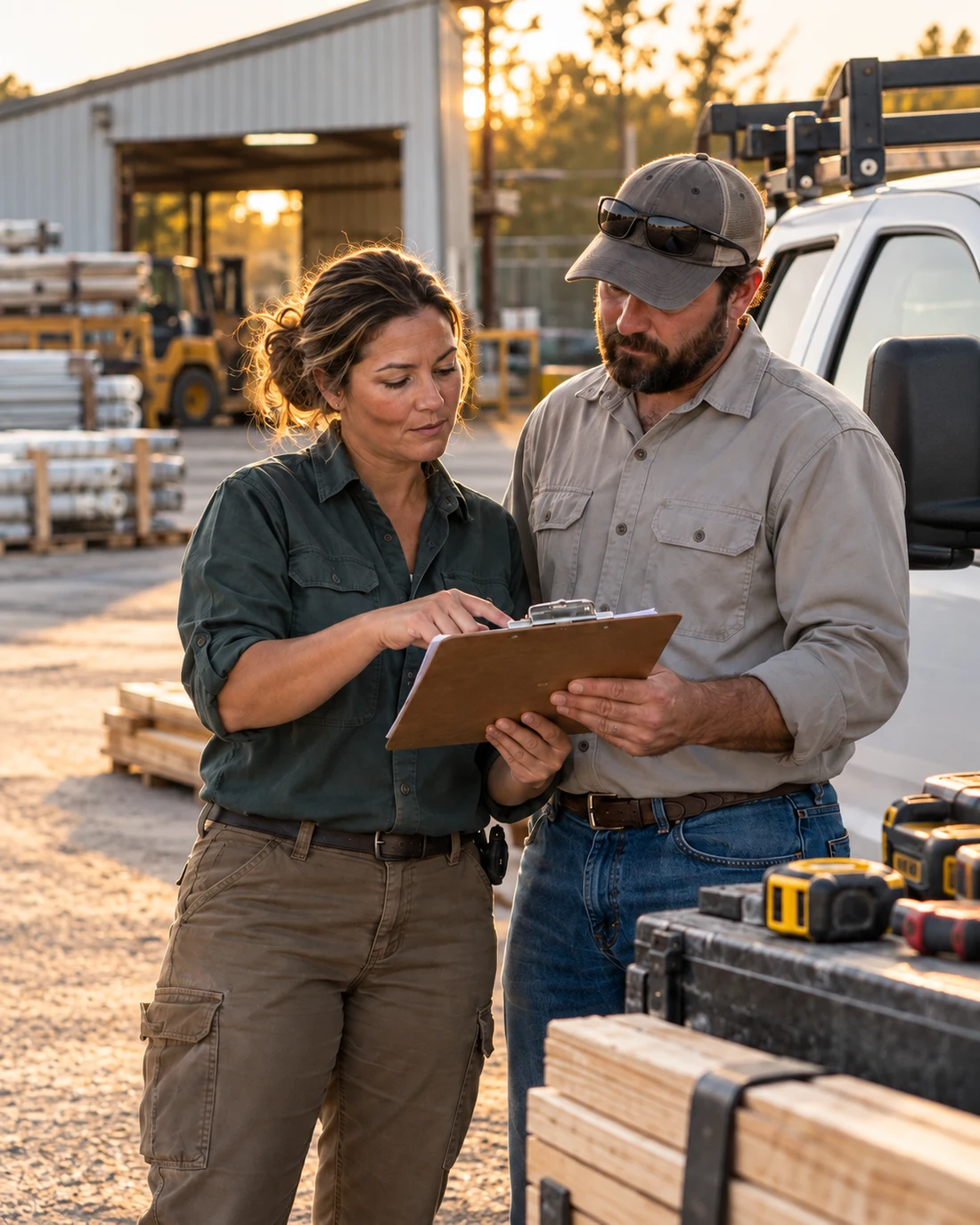 Contractors reviewing a clipboard beside their work truck at the shop