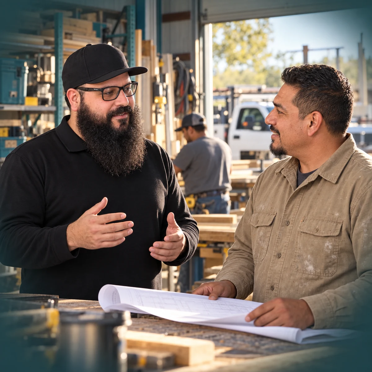 Francisco Echevarria meeting a contractor in his shop