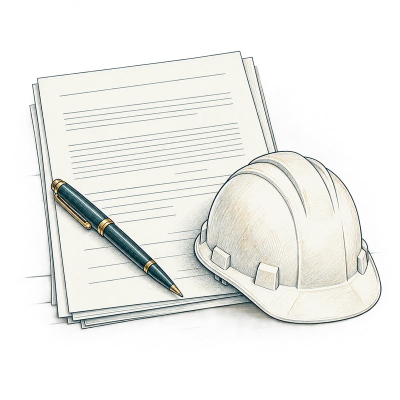 Illustrated contract pages with a pen and hardhat