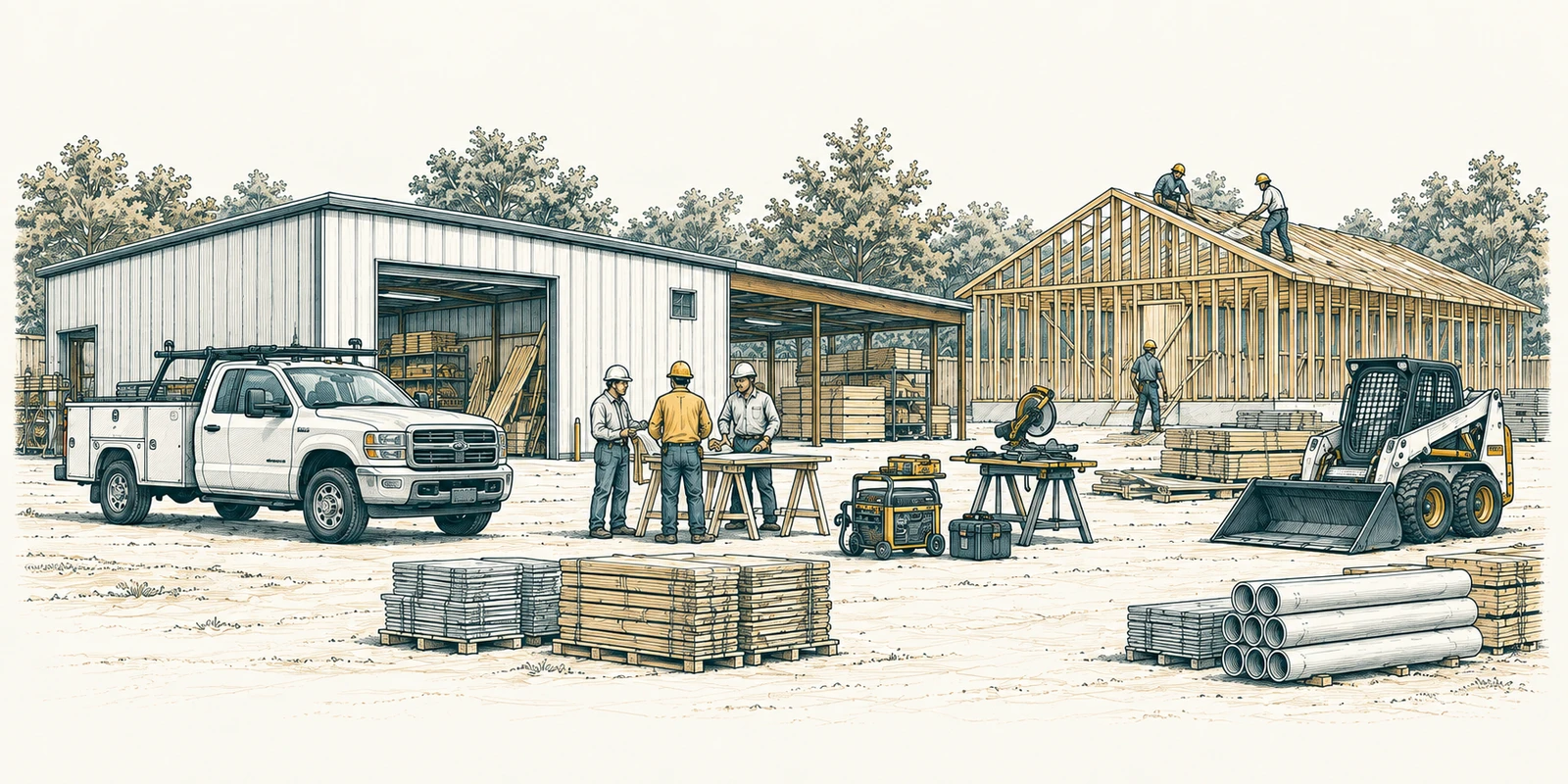 Architectural illustration of a contractor yard with a workshop, work truck, crew, portable tools, construction site, and equipment