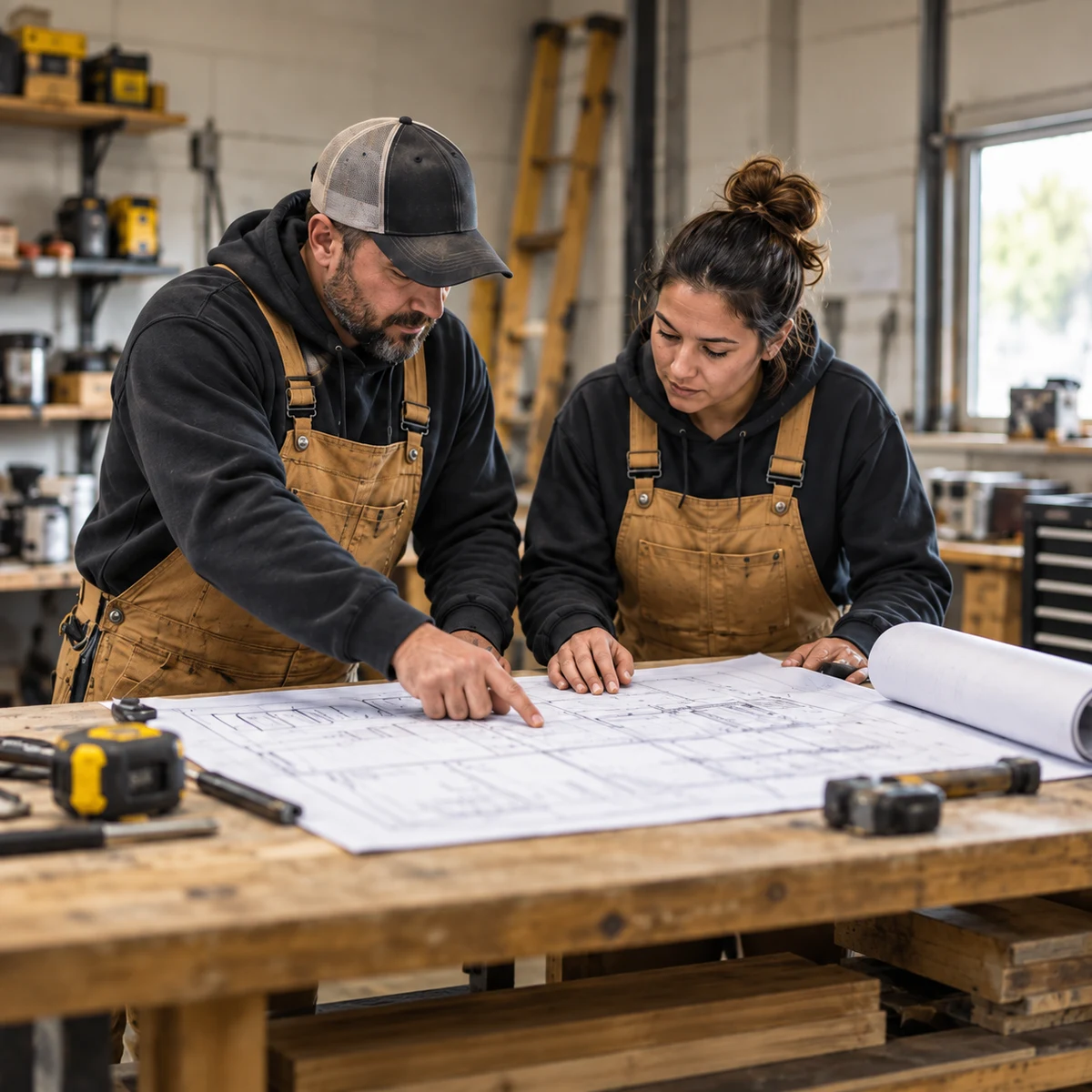Two contractors reviewing project plans together in their workshop