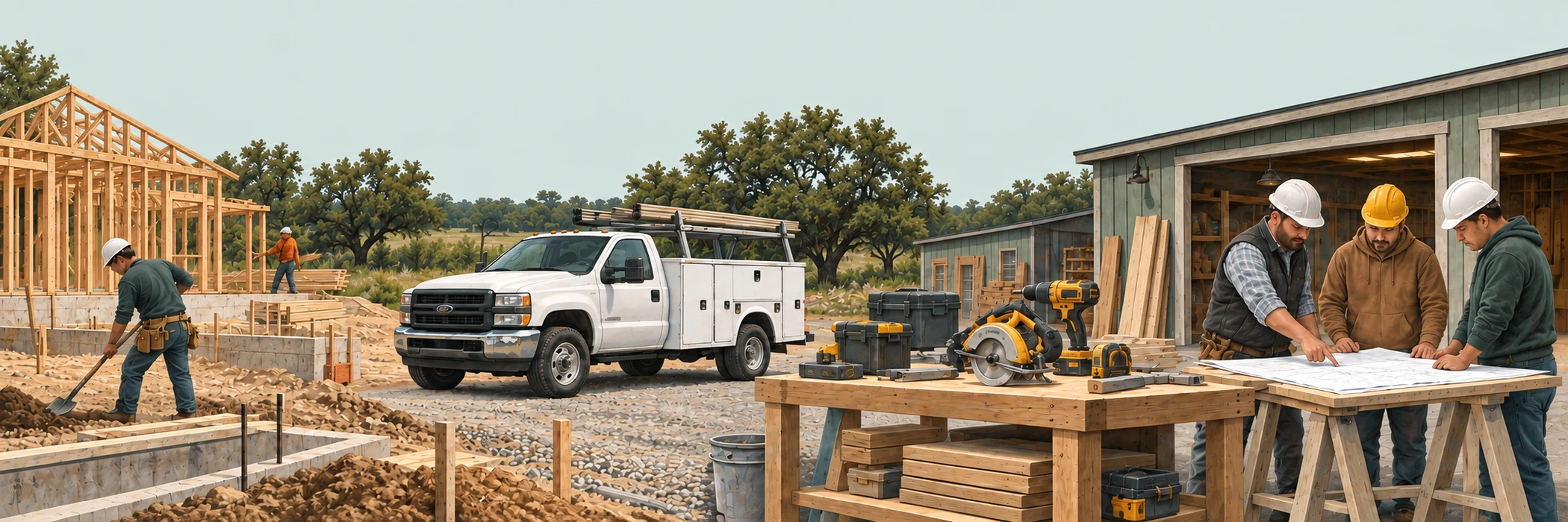 Illustrated contractor workday showing a construction site, utility truck, portable tools, and a crew reviewing plans