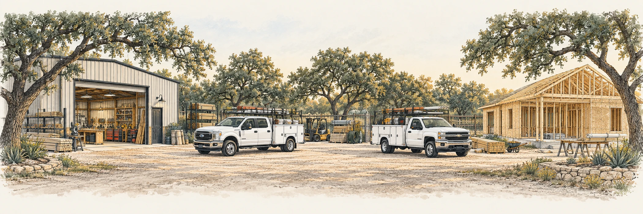 Illustrated Texas contractor service yard with a workshop, work trucks, tools, equipment, and a building under construction on flat terrain beneath oak trees