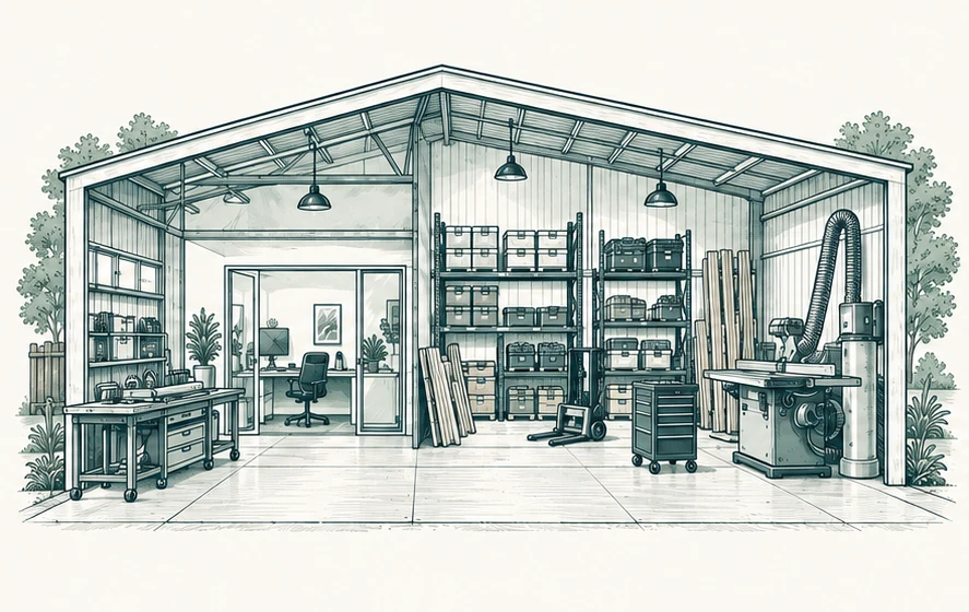 Architectural illustration of a contractor workshop with an office, storage shelves, contents, and fixed equipment
