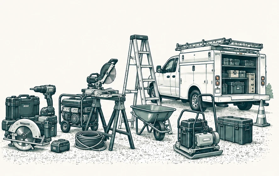 Architectural illustration of portable power tools, equipment, ladder, and a utility truck with tool storage