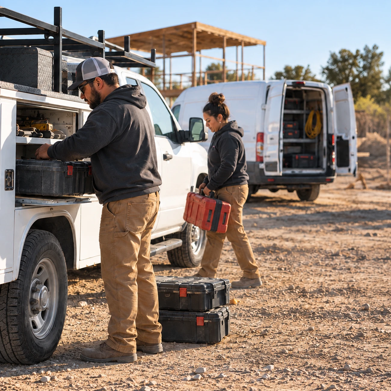Two contractors organizing tools beside a utility work truck with a separate service van at a job site