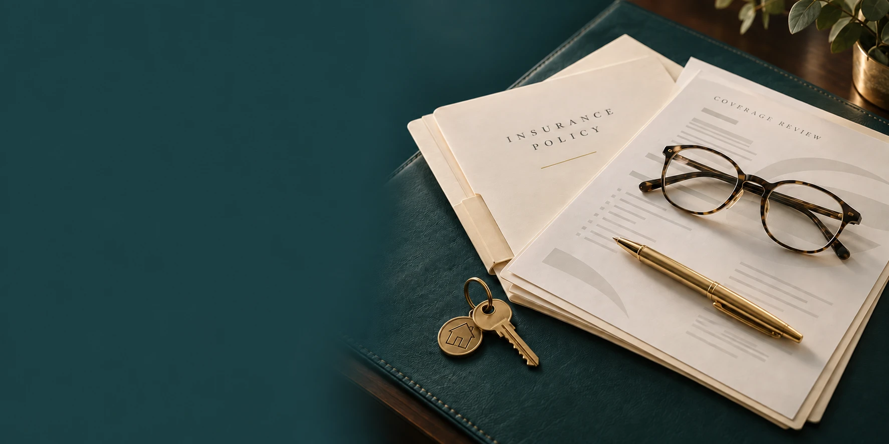 Insurance policy documents, reading glasses, a gold pen, and house keys on a teal desk